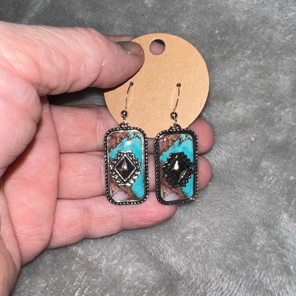 Artisan Turquoise and Black Geometric Earrings - Picture 2 of 4
